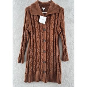J.Jill Sweater Sz XS Petite Cable Knit Cardigan Button Up Duster Brown Long